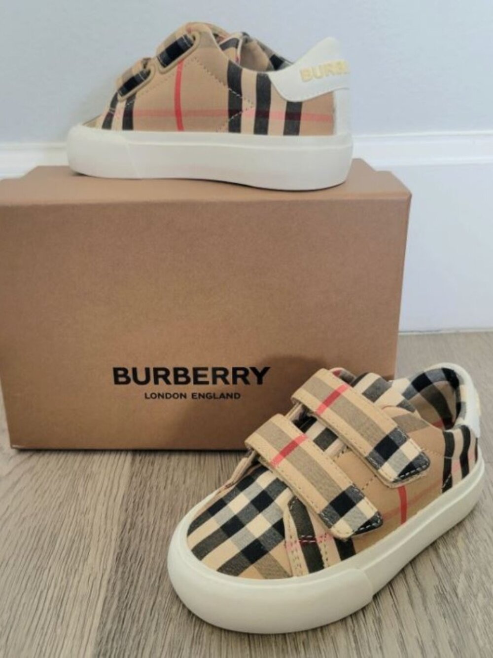VTG BURBERRY Unisex Mini Markham Check Sneaker Shoes Beige Kids Sz EU 23/ US 7